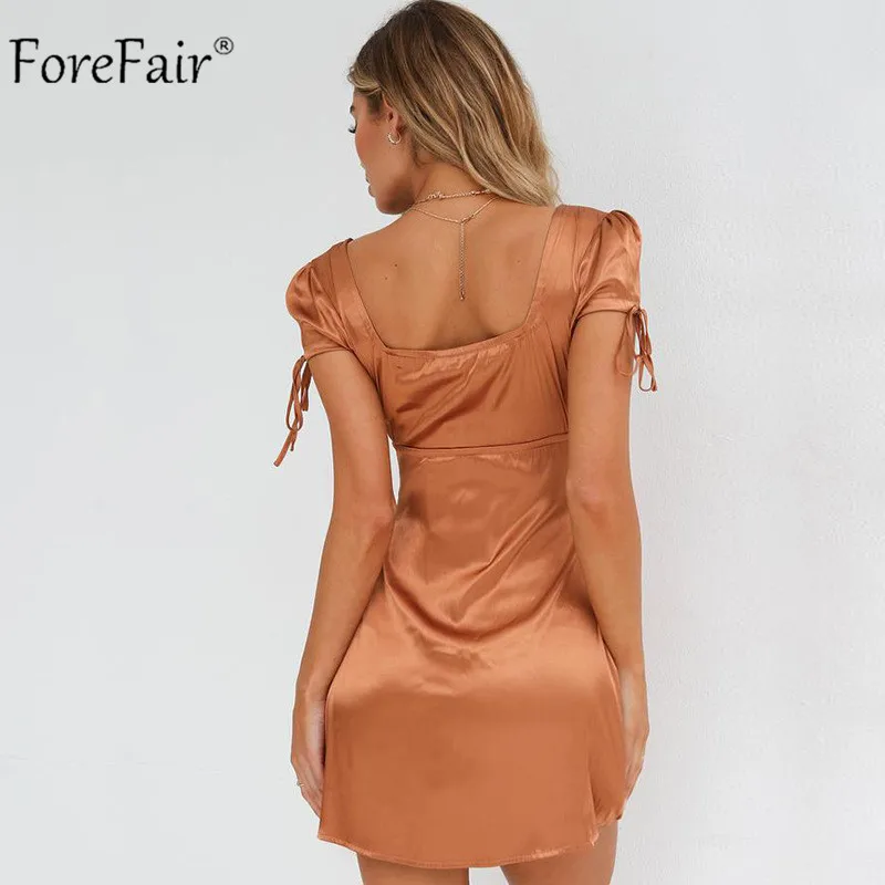 Forefair/атласное платье-комбинация с пышными рукавами; вечерние платья; женское летнее сексуальное платье с квадратным воротником; винтажное элегантное мини-платье; осеннее женское платье