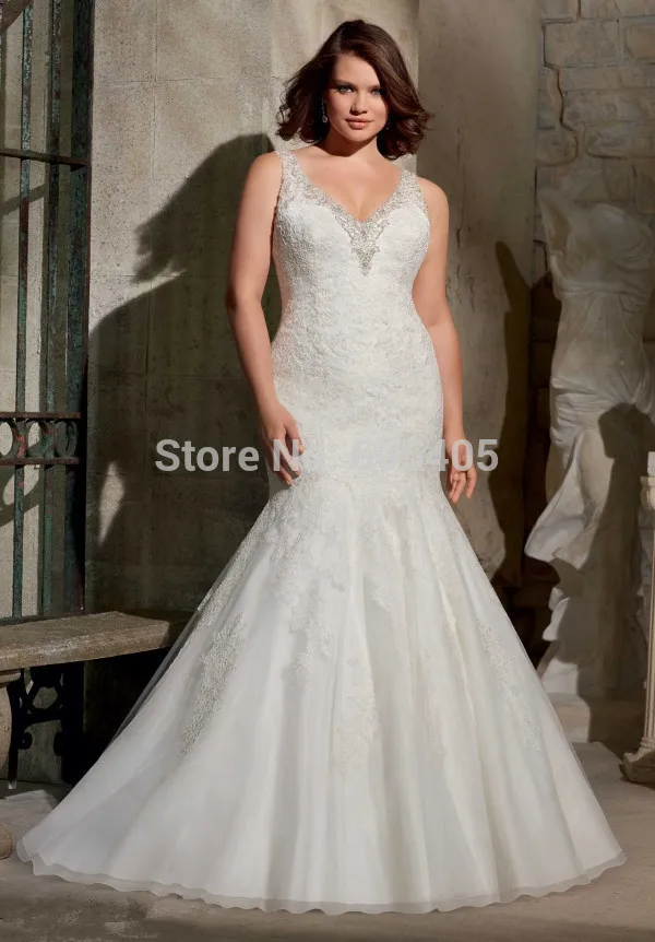Discount Luxurious Lace Mermaid Wedding Dresses Fat Women 2015 New Arrival Sexy V Neck Backless Gowns Formal Wear Lady Vestido D | Свадьбы и