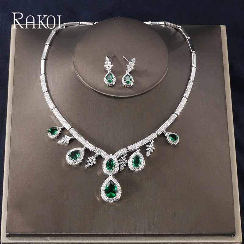 RAKOL Роскошные капли воды кубического циркония камень серьги ожерелье набор украшений для женщин свадебный ужин платье Дубай ювелирные изделия