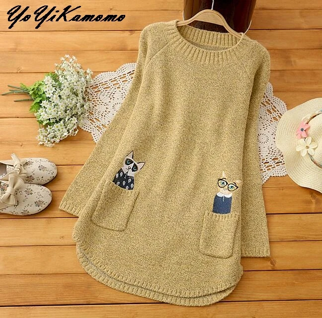 YoYiKamomo Winter Sweater Women 2018 New Japanese Mori Girl Long-sleeved Pregnant Embroidery Pullovers Knit Loose Tops | Женская одежда