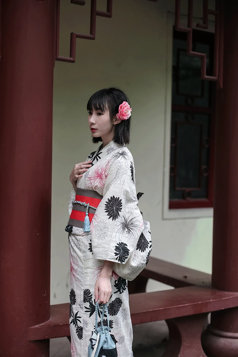 Ladies Imitation Linen Chemical Fiber Fabric Modified Version of Kimono Bathrobe Set Daisy Stem Traditional | Тематическая одежда