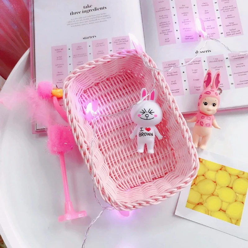 Straw Storage Basket Wicker Macarons Desktop Debris Sorting Box Girl Heart Pink Control Photo Props 2pcs 13.5*19.7 cm |