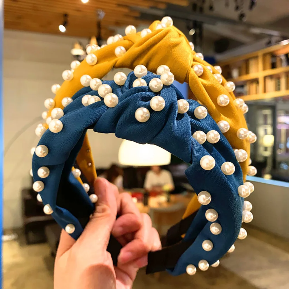 

Широкий ободок с жемчугом, Женский тканевый ободок, корейские аксессуары для волос с узлом и бантом, милый модный головной убор для девочек, ...