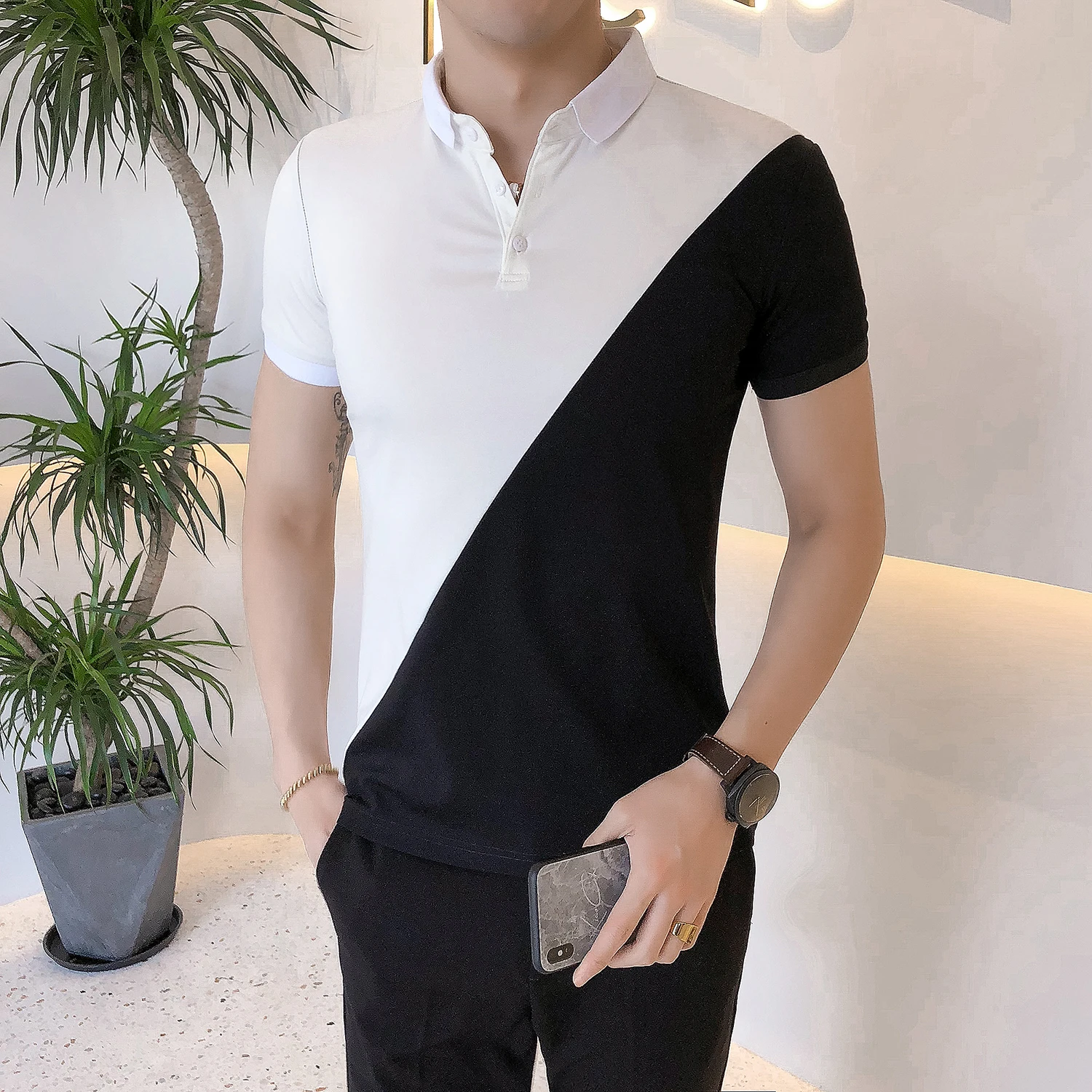 Черно-белая рубашка поло в стиле пэчворк Мужская мужская повседневная хлопковая