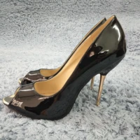 women stiletto thin iron high heel pumps sexy peep toe black patent fashion party bridal ball office lady shoes 3845 a3