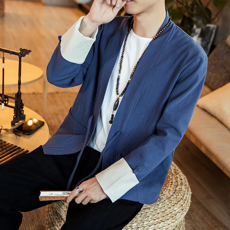 Chinese Style New Coat Large Size Men Kimono Patch Pocket Jacket Coarse Cloth Hanfu Linen Thin Male Plus M-5XL | Мужская одежда