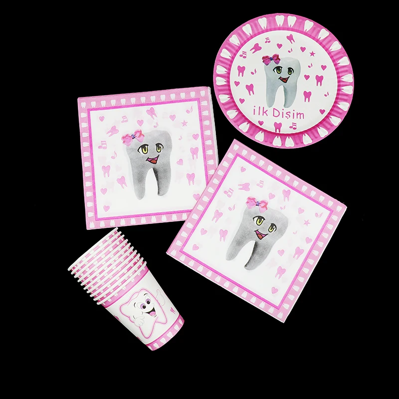 

60pcs/lot Pink Teeth party tableware sets girl's teeth theme disposable plates cups napkins for 20people use