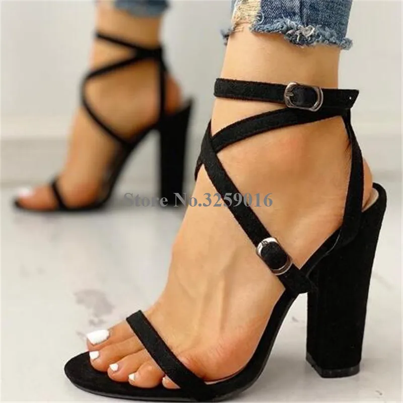

Women Simple Style Open Toe Suede Leather Chunky Heel Sandals Black Buckles Straps Thick High Heel Sandals Dress Shoes Heels