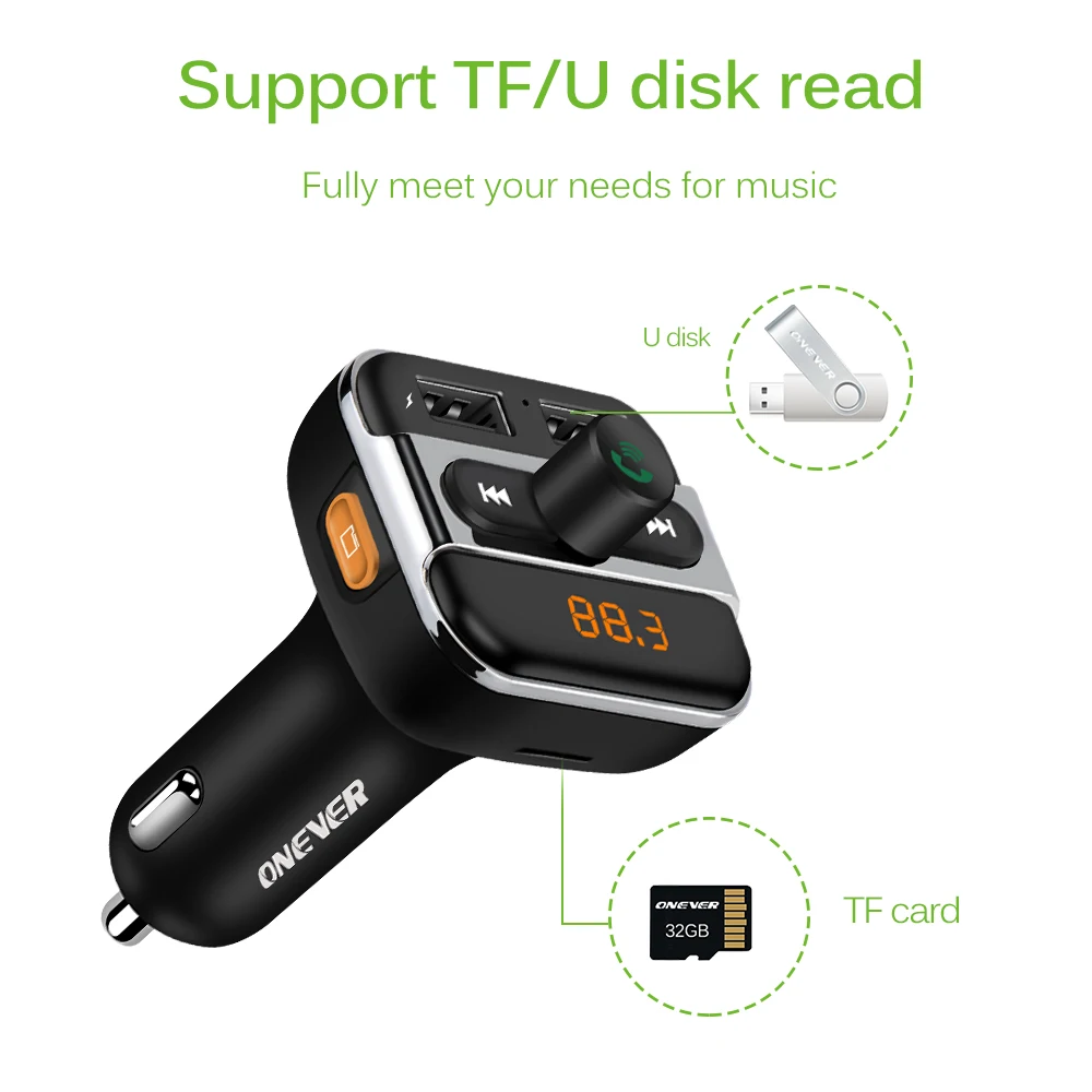 ONEVER Bluetooth автомобильный комплект музыкальный плеер fm-передатчик модулятор с 3.4A двойной USB зарядное устройство Поддержка переключатель папки/TF карта воспроизведения