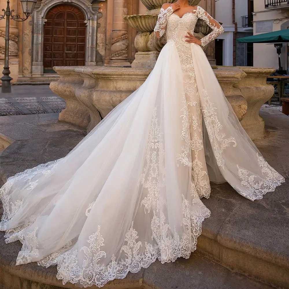 Свадебное платье Русалка со съемным шлейфом 2020 Иллюзия декольте с длинным