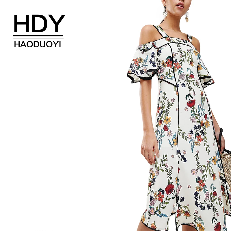 Женское богемное платье миди HDY Haoduoyi с цветочным принтом открытыми плечами