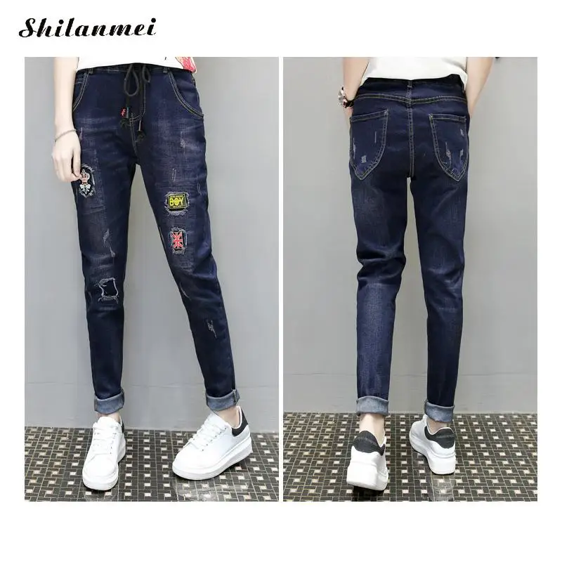 20 Для женщин Джинсы для эластичный пояс Кружево карманных Вышивка потертые