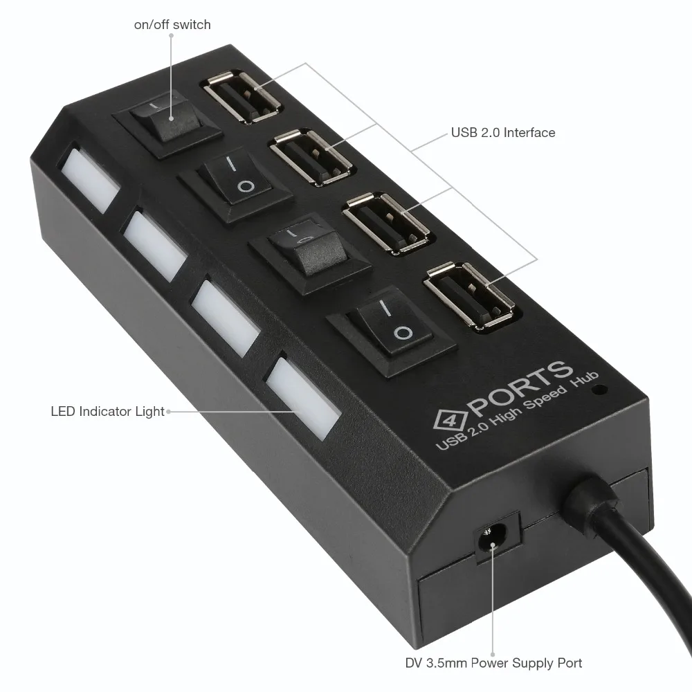 JZYuan 4 порта USB концентратор 2 0 высокоскоростной разветвитель 480 Мбит/с LED с