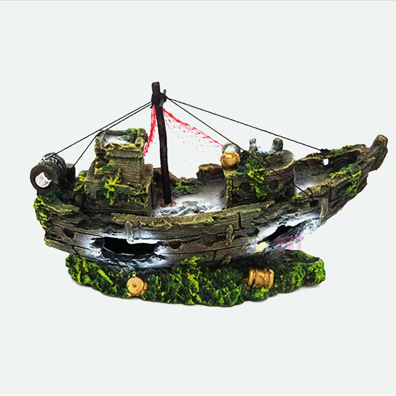

Aquarium Decor Fish Tank Resin Shipwreck Decoration Pirate Treasure Ship Fishing Net Ornament Accessories Statue For Fishes Hide