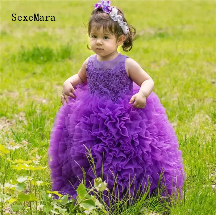 

Ball Gown Little Princess Birthday Dresses Puffy Tulle Lace Sheer Neck Ruffles Girls Pageant Dress Photoshoot