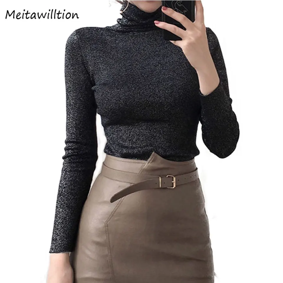 2018 Shiny Lurex Turtleneck Sweaters and Pullovers Casual Long Sleeve Pullover Slim Tops Female High Elastic Jumper | Женская одежда