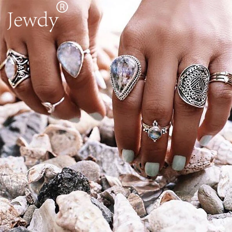 7PCS/SET Vintage Big Opal Crystal Rings Set for Women Girl Bohemian Antique Silver Color Midi Floral Knuckle Summer | Украшения и