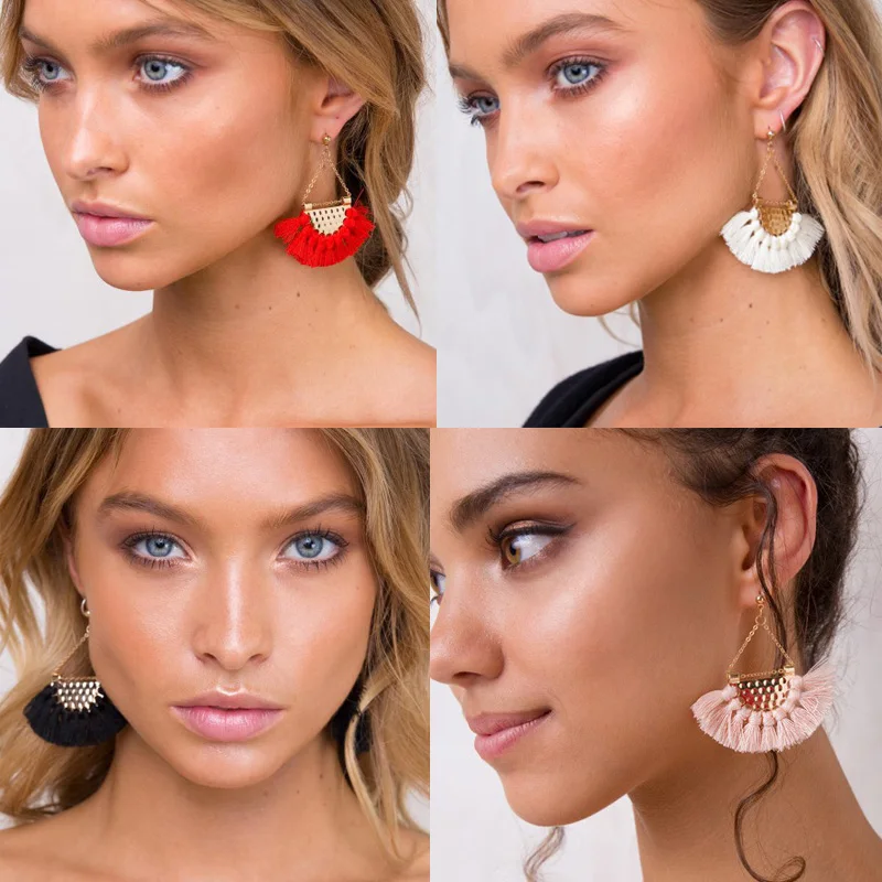 В богемном стиле Ленточки с болтающимися частями earringsc хлопковые бахромой