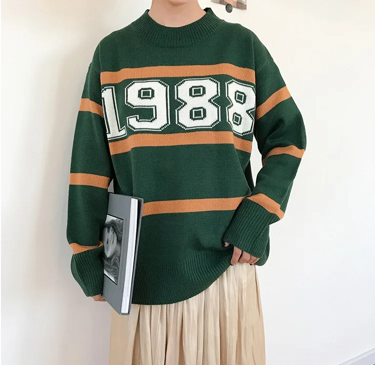 South Korea ulzzang loose bf wind digital striped pullovers female chic render knitwear student qiu dong | Женская одежда