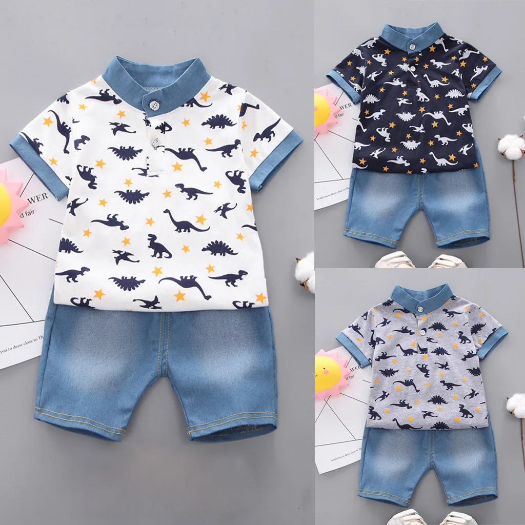 Комплект одежды TELOTUNY для мальчиков 1-4 лет футболка с динозавром + джинсовые шорты