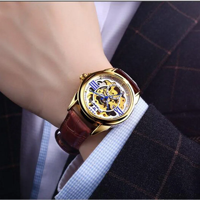 Golden Watches Men Skeleton Mechanical Watch Stainless Steel Top Brands Luxury Man Hollow Wristwatch | Наручные часы