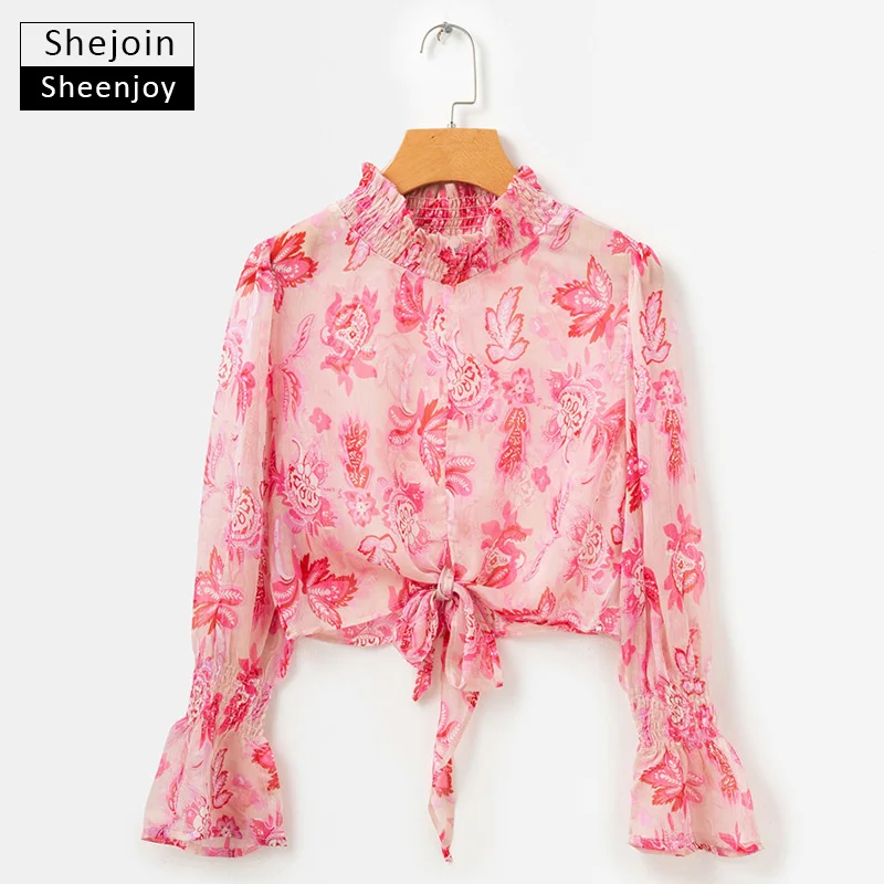ShejoinSheenjoy Boho Цветочный принт шифоновая блузка с расклешенными рукавами осень