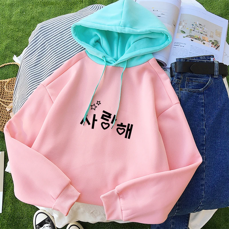 

Korean Letter Print Women Fleece Hoodies Autumn Winter Long Sleeve Harajuku Kawaii Sweatshirt Patchwork Pullovers Sudadera Mujer