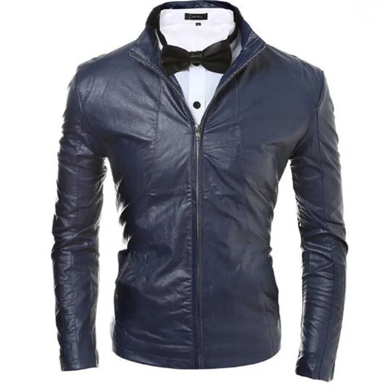 2018 модная мужская кожаная куртка с длинным рукавом однотонная Повседневная
