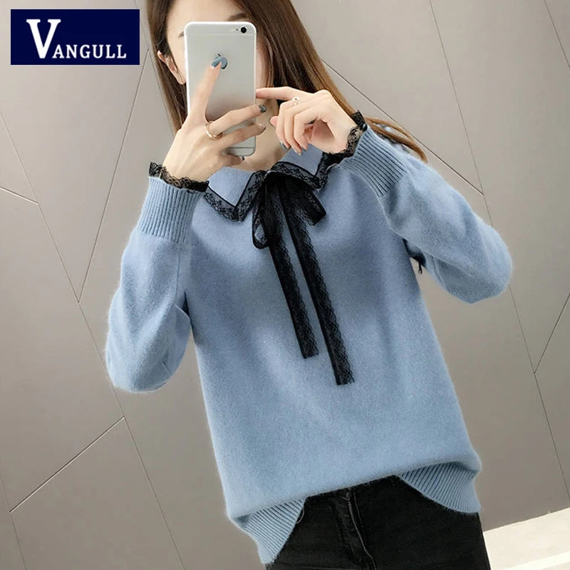 VANGULL новые женские вязаные свитера весна осень короткие Лоскутные кружевные пуловеры с бантом под шею с длинным рукавом свитера