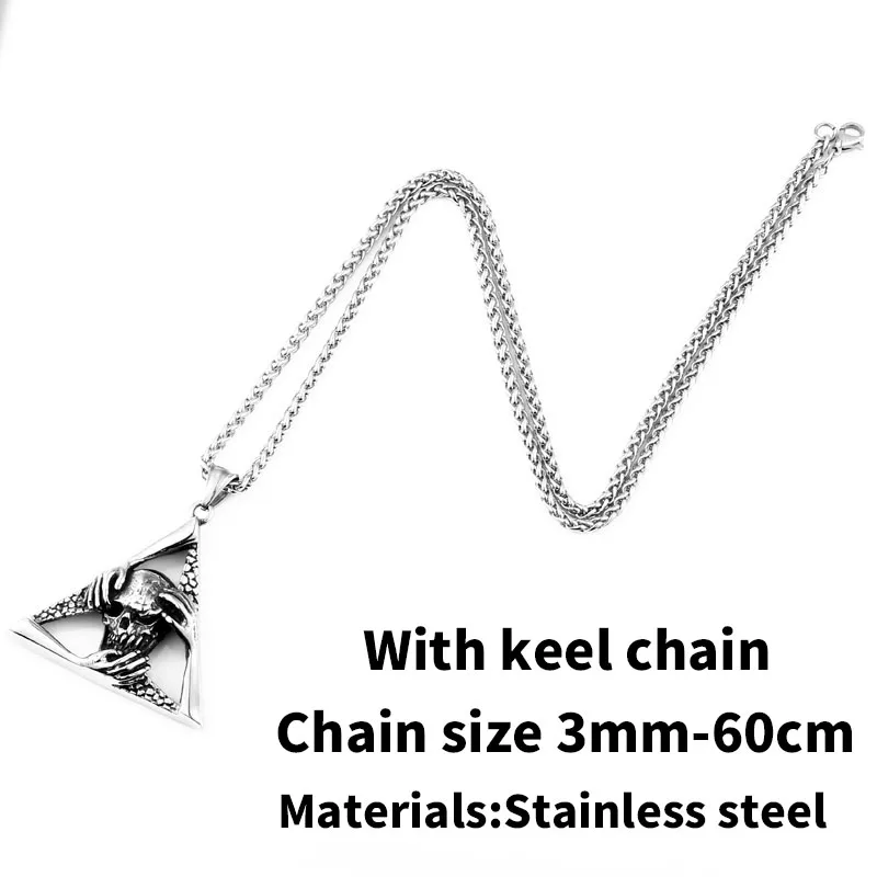 with keel chain Стальной солдат треугольный дизайн череп с ручной панк кулон из нержавеющей стали цепочка ожерелье подарок для мужчин ювелирные изделия - Окраска металла: with keel chain