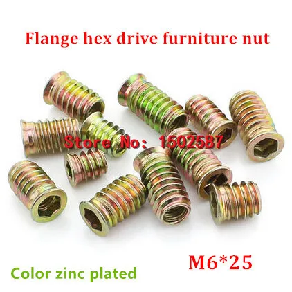 100pcs/lot M6*25 Color Zinc Coated Flange Hex Drive Head Furniture Nut  Internal External Thread Screw For Wood Insert Nut