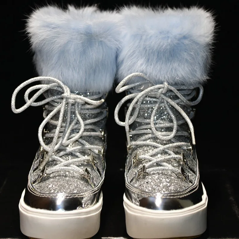 silver Botas Mujer; Серебристые зимние ботинки из натуральной кожи и шерсти; женские короткие зимние ботинки на шнуровке; женская теплая обувь; ботинки на платформе с мехом внутри - Цвет: silver
