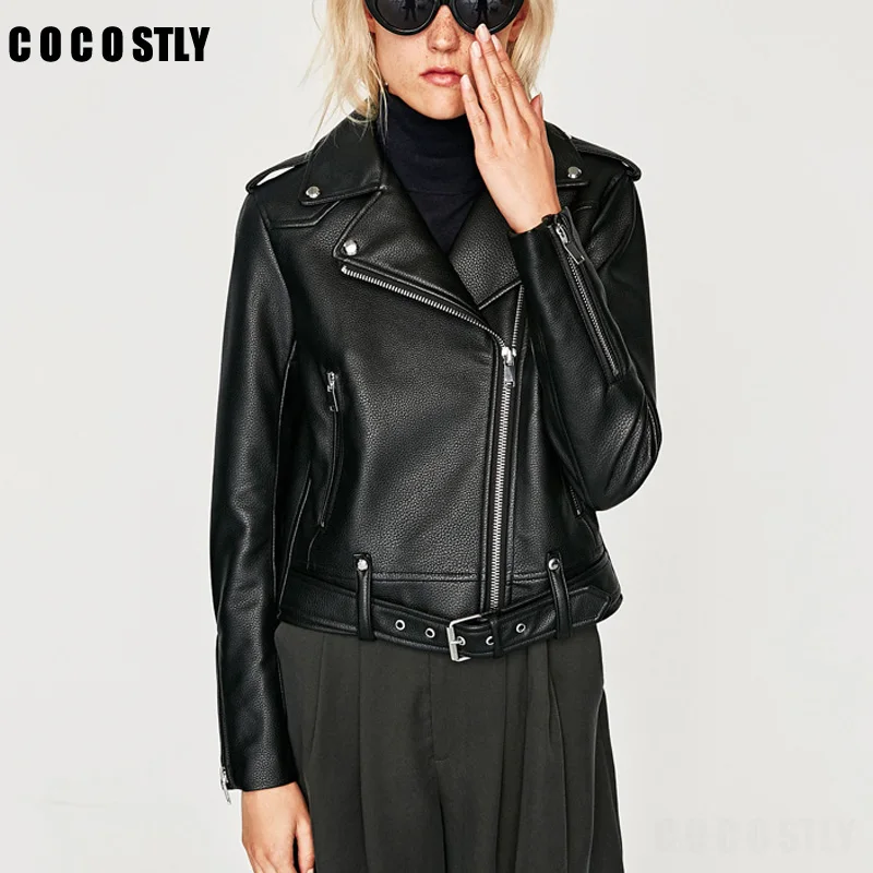 Женская мотоциклетная куртка из искусственной кожи Черная байкерская на молнии