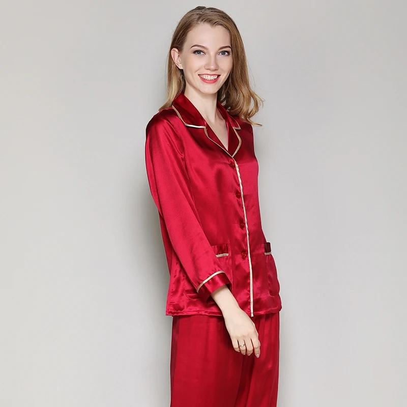 silk stain pajama set full sleeve 2019Spring Autumn100% Silk Women Pajamas Sets of Sleepcoat & Sleep pant female home clothes