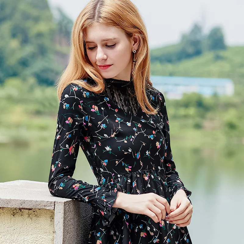 Черный Цветочный принт Винтаж платье Женский 2018 Новый Long Sleeve Swing Hem Midi осеннее Для