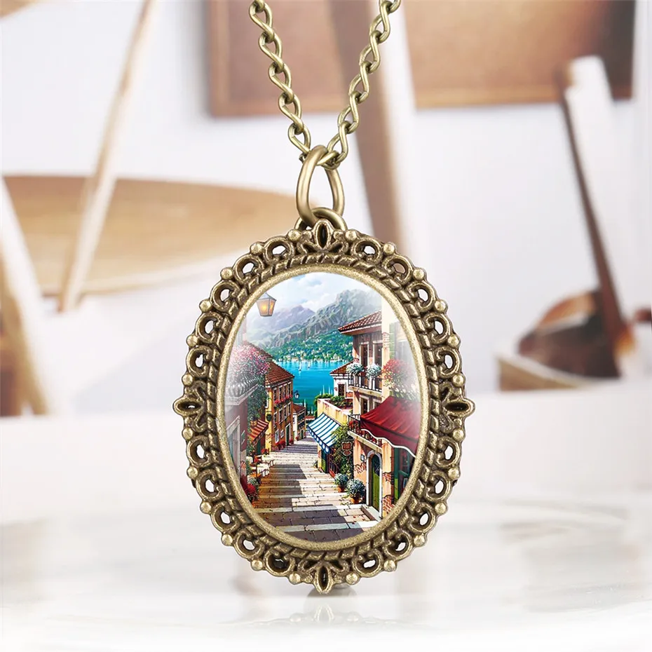 

Oval Small Size Beautiful Town Scene Pattern Pocket Watch Elegant Women Watches Necklace Pendant 2019 New Fashion Clock Gift