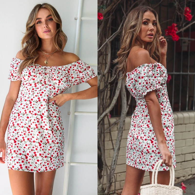 Сексуальное платье футляр с цветочным принтом и открытыми плечами короткими