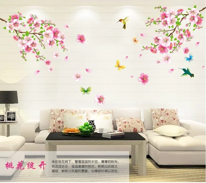 

Large ZY9158 Elegant Flower Wall Stickers Graceful Peach Blossom birds Wall Stickers Furnishings Romantic Living Room Decoration