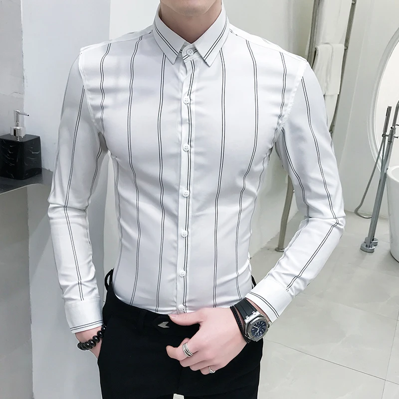 Вертикальная черно-белая рубашка в полоску мужская приталенная Мужская с