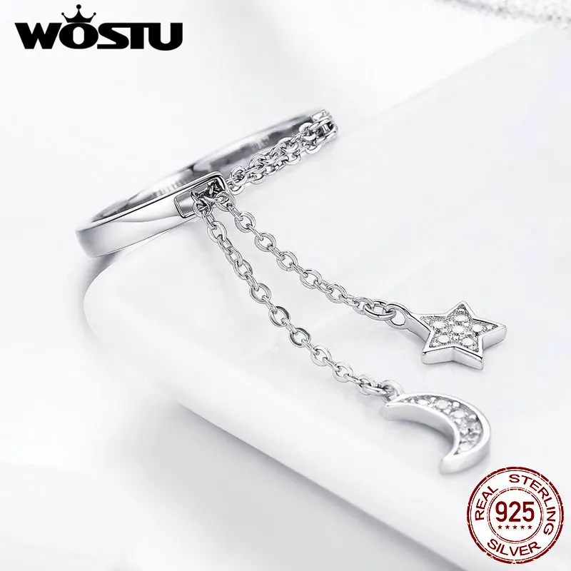 WOSTU, празднование Луны и звезды, цепочка, звено, кольцо, 925 пробы, серебро, регулируемые кольца, прозрачный CZ палец для женщин, ювелирное изделие FIR407