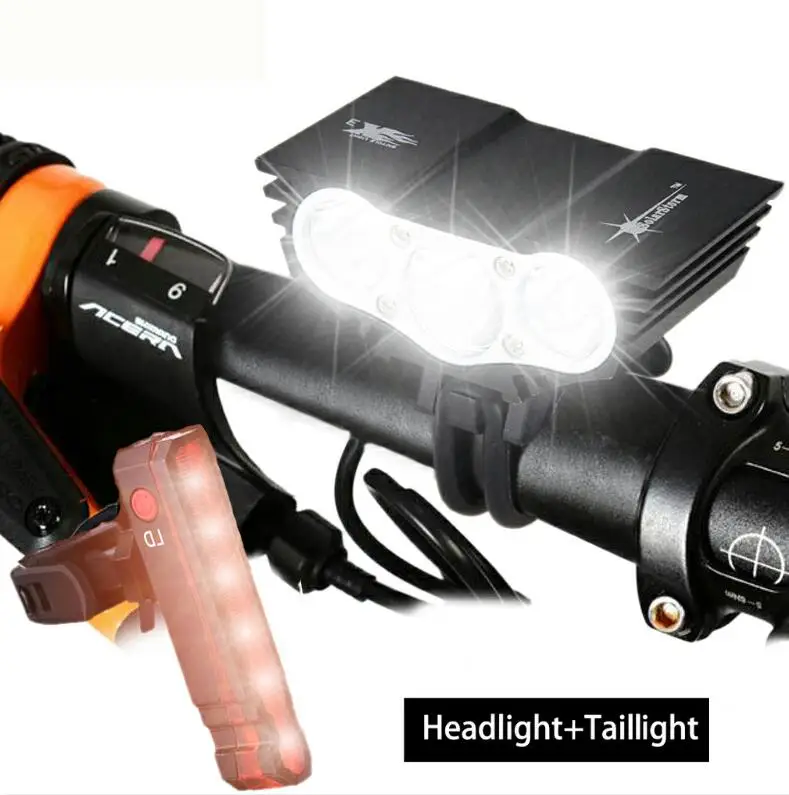 With Laser Taillight Водонепроницаемый велосипедный фонарь 3xT6 светодиодный передний велосипедный фонарь 4 режима безопасности ночной велосипедный фонарь+ перезаряжаемый аккумулятор+ зарядное устройство - Цвет: With Laser Taillight