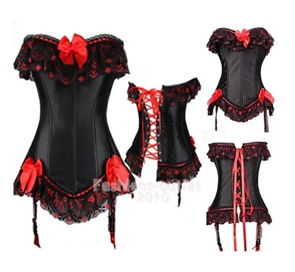 HOT Sexy Corselet Women Black Bone Bustier Corset With Red Bow+G string Set Lingerie S M L XL XXL 3XL 4XL 5XL 6XL- Free Shipping | Женская