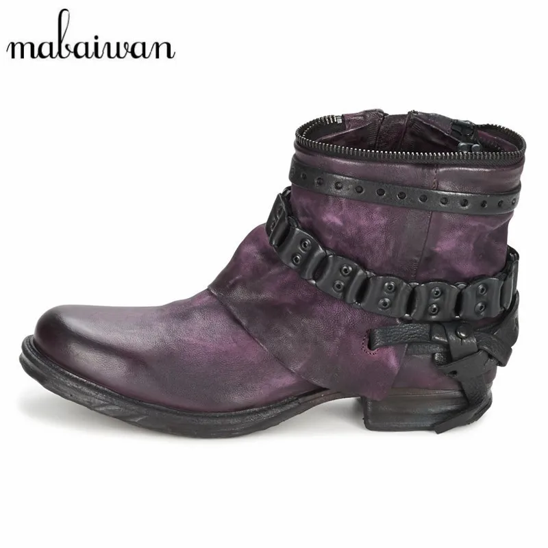 melhor Mabaiwan Novo Roxo Artesanal Sapatos Femininos Estilo Punk Ankle Boots Genuien Botas De Couro Outono Equitação Militar Boot Feminino Apartamentos