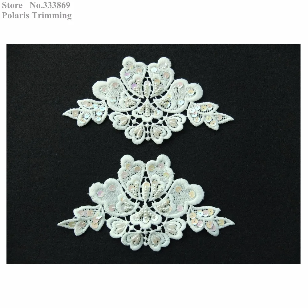 Free Shipping 2pairs=4pcs/lot x Handmade Ivory/Cream/Offwhite Pearled Sequin Beaded Flower Lace Applique Trim Patch Motif PBNC57 | Дом и сад