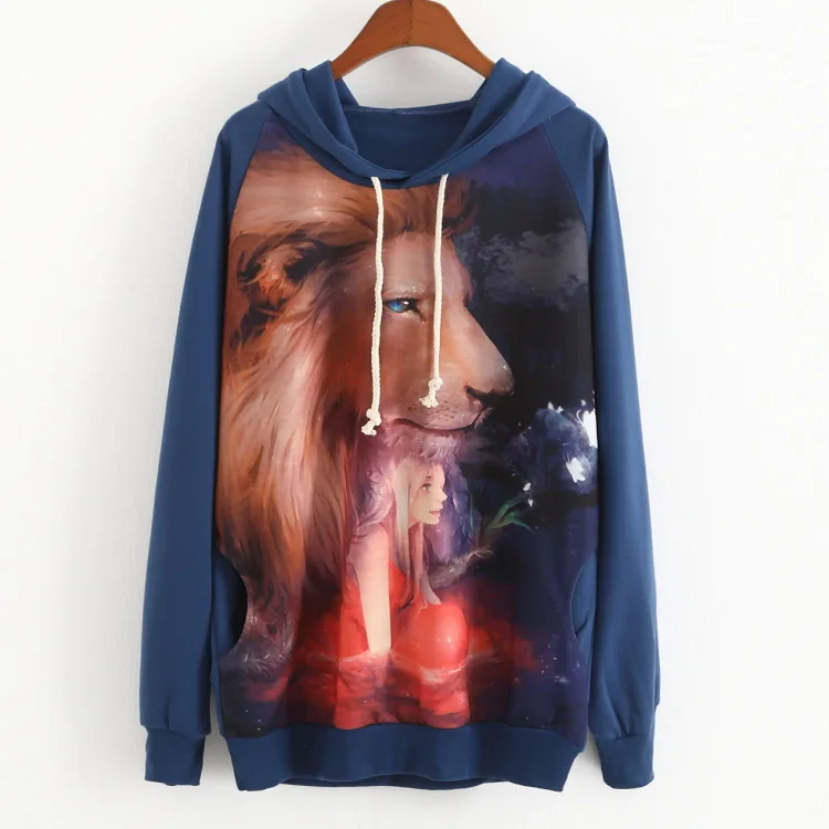 The 2015 European and American autumn new beauty the beast printing hoodies women in long coat with cap |