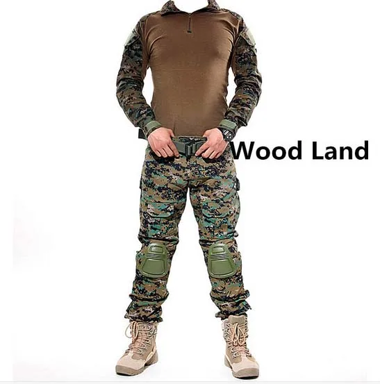 Woodlnad Camo HANWILD Мужская Тактическая Военная Униформа Рубашка армейские боевые охотничьи брюки с наколенниками камуфляжная тренировочная Треккинговая одежда S19 - Цвет: Woodlnad Camo