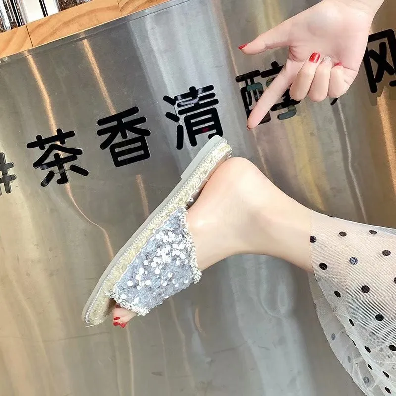 Женские шлепанцы на плоской подошве с блестящими стразами Вьетнамки женские