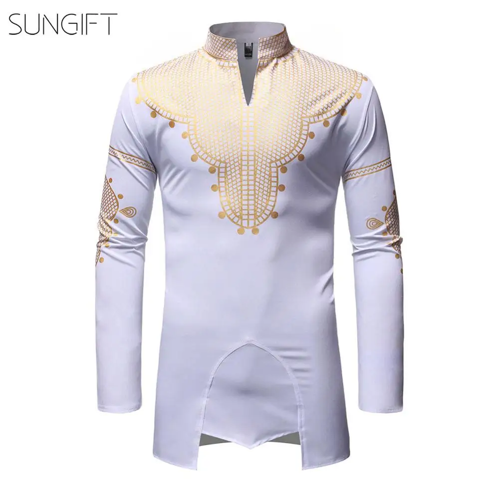SUNGIFT африканская Дашики традиционный Мужской Топ с длинным рукавом стоячий воротник горячая штамповка Мужская рубашка в африканском стиле Новое поступление одежды