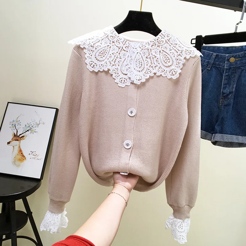 Женский офисный кардиган ALPHALMODA однобортный свитер с кружевным воротником на