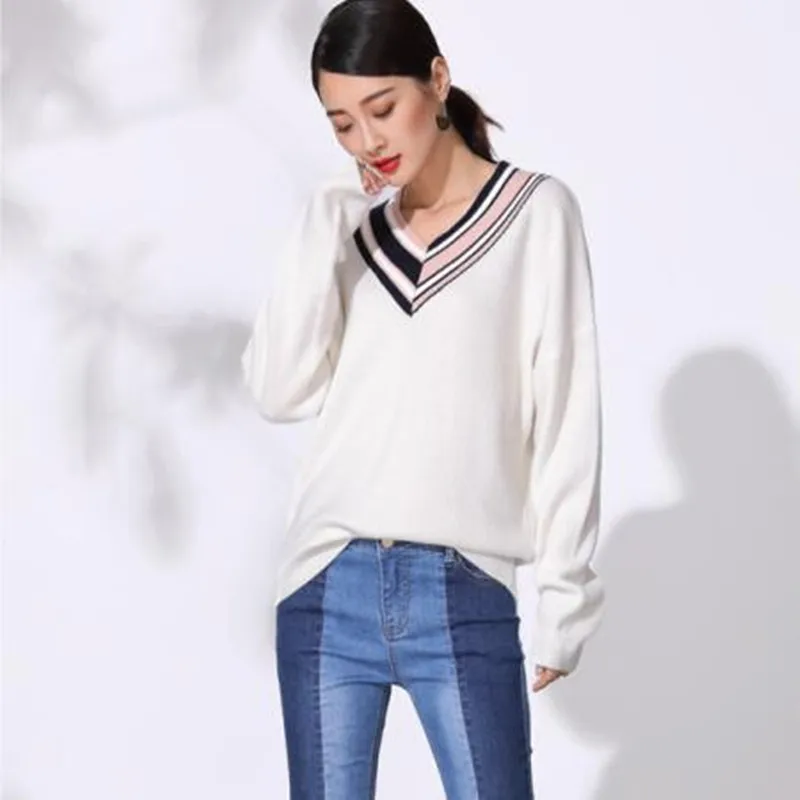 С длинным рукавом V шеи полосатый вязаный джемпер на осень-зиму мода трикотаж